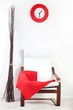 Red plaid draped over a chair Red plaid draped over a chair