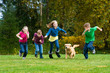 Foto: Group of kids racing a dog Group of kids racing a dog