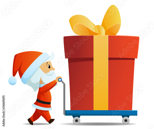 Vector: Service men santa with cart and big christmas gift box Service men santa with cart and big christmas gift box