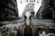 Man with gas mask in a landscape catastrophic