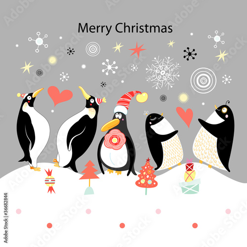 Vector: Greeting card with happy penguins Greeting card with happy penguins