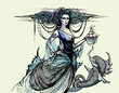 Illustration: engraving with ocean goddess and dolphin engraving with ocean goddess and dolphin