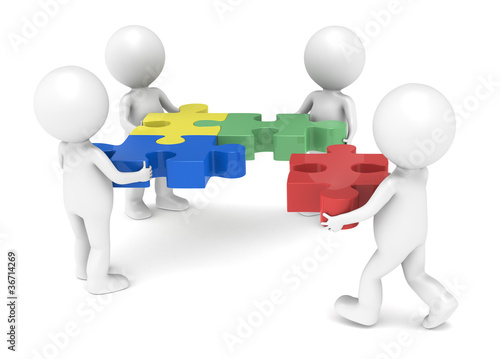 Illustration: 3d little human character X4 The Team solving a jigsaw puzzle. 3d little human character X4 The Team solving a jigsaw puzzle.