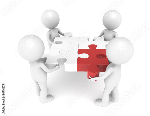 Illustration: The Team, each one holding a piece of the jigsaw puzzle. Red. The Team, each one holding a piece of the jigsaw puzzle. Red.
