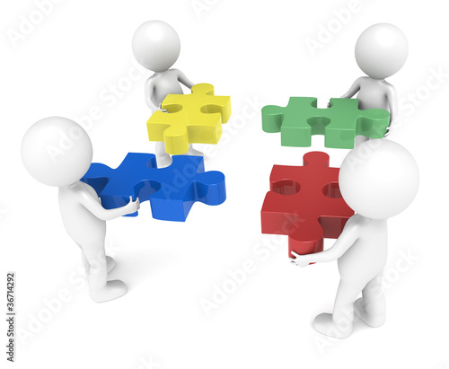 Illustration: 3d little human character X4,each one holding a piece. 3d little human character X4,each one holding a piece.