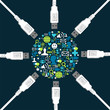 Social icon set circle shape surrounded by USB wires