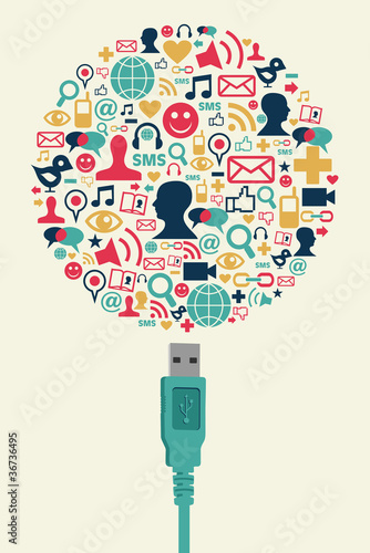 Vector: Social media icons in Globe shape with USB plug Social media icons in Globe shape with USB plug