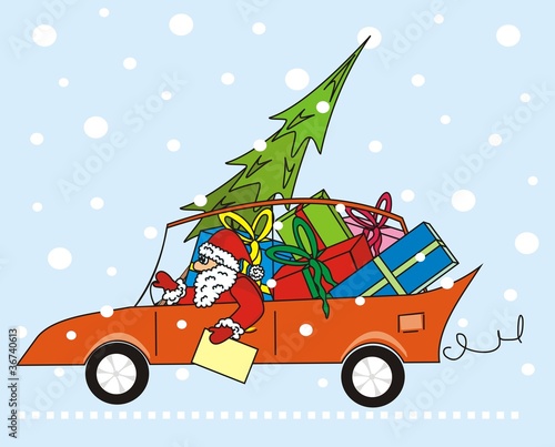 Vector: santa claus in the car santa claus in the car