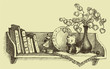 Vector Sketch a shelf with books and souvenirs Vector Sketch a shelf with books and souvenirs