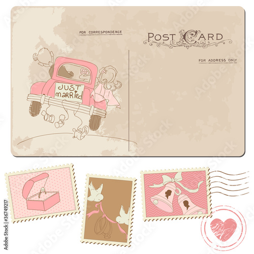 Vector: Vintage Postcard and Postage Stamps - for wedding design Vintage Postcard and Postage Stamps - for wedding design