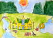 Watercolor painting. Cat's House