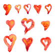 Eleven watercolor painted hearts