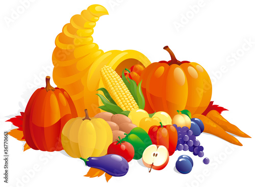 Vector: Thanksgiving Cornucopia with fruit, berries and vegetable. Thanksgiving Cornucopia with fruit, berries and vegetable.
