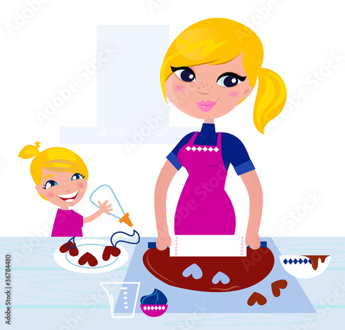 Vector: Cute Girl helping her Mother with christmas baking.. Cute Girl helping her Mother with christmas baking..
