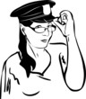 sketch of a girl trying on glasses in a police cap sketch of a girl trying on glasses in a police cap
