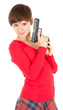 beautiful young woman with gun, white background