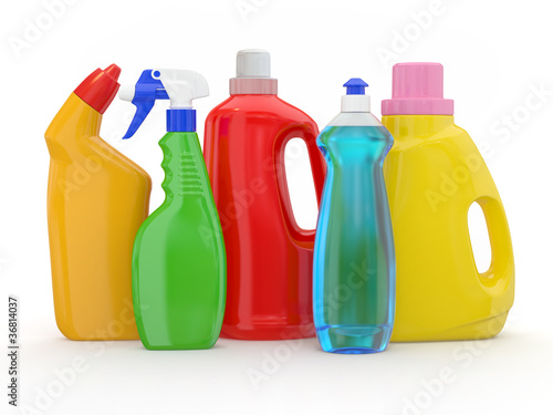 Illustration: Different detergent bottles on white background Different detergent bottles on white background