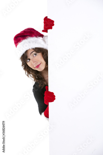 Photo: christmas woman santa claus with empty billboard isolated on whi christmas woman santa claus with empty billboard isolated on whi