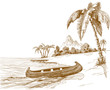 Beach sketch with boat on shore and volcano in background