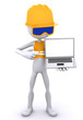 Construction worker showing laptop. Isolated