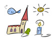 Bunte Cartoon-Zeichnung: Christliche Symbole