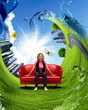 Young woman sitting on sofa nature background