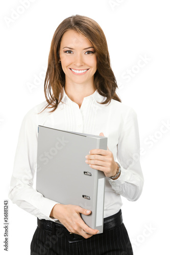 Photo: Businesswoman with grey folder, isolated Businesswoman with grey folder, isolated
