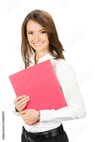 Photo: Businesswoman with red folder, isolated Businesswoman with red folder, isolated