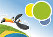 Template with Cartoon toucan flying over beach in Brazil