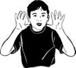 sketch of a boy with his hands up looking through the glass