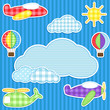 Blue background with cute plane, helicopter, aeroplane, balloons