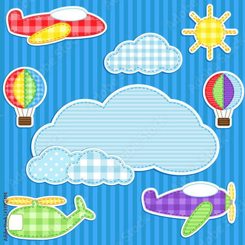 Vector: Blue background with cute plane, helicopter, aeroplane, balloons Blue background with cute plane, helicopter, aeroplane, balloons