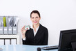 Businesswoman holding little house. Businesswoman holding little house.
