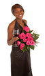 Happy Woman  Posing with Roses and a Glass of Wine