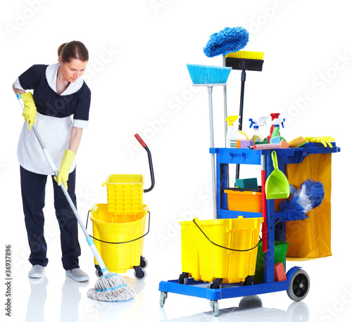 Photo: Cleaner maid woman washing floor. Cleaner maid woman washing floor.