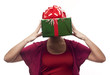 Young beautiful woman with a present gift over her face