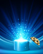 Open gift with fireworks from light vector background