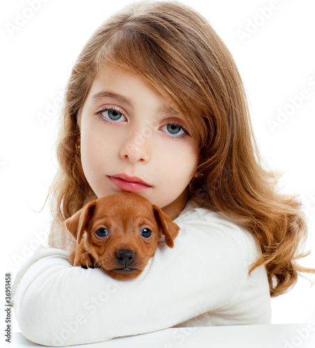 Photo: Brunette girl with puppy dog mini pinscher Brunette girl with puppy dog mini pinscher