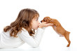 Brunette profile girl with dog puppy mini pinscher