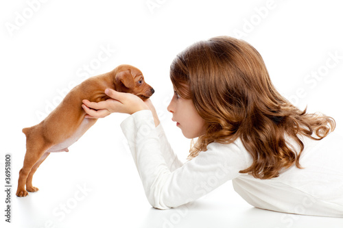 Photo: Brunette profile girl with dog puppy mini pinscher Brunette profile girl with dog puppy mini pinscher