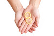 condom and hand isolated on white background
