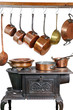 ustensiles de cuisine en cuivre, et cuisinière en fonte