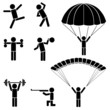 People doing body building exercise, skydiving black icons.