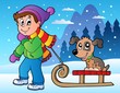 Winter scene with boy and sledge