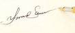 The signature close up and fountain pen. Old yellow paper