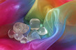 Clear quartz crystals on chiffron background