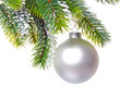 New Year s ball and snow-covered branches tree..