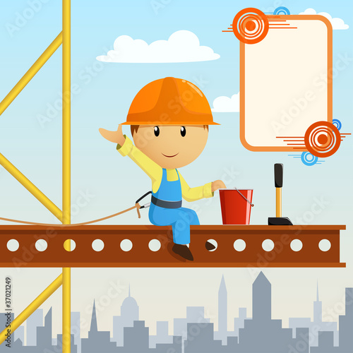 Vector: Builder worker steeplejack greeting on high. Builder worker steeplejack greeting on high.