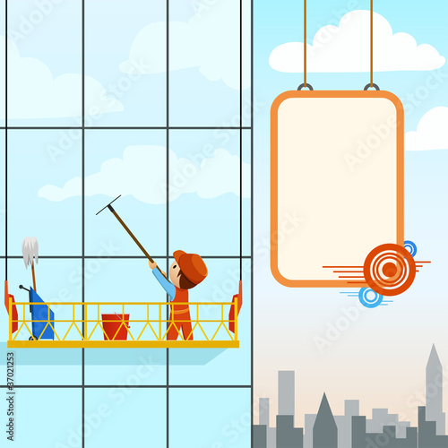 Vector: Man wash windows of high tower Man wash windows of high tower