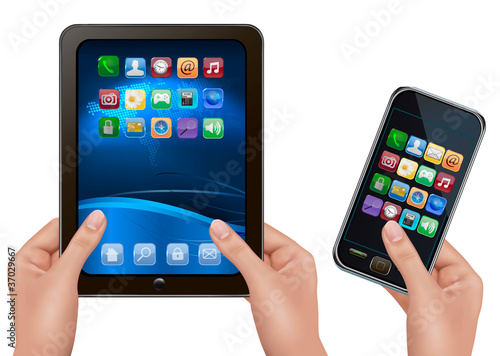 Vector: Hands holding tablet computer and mobil telephone. Hands holding tablet computer and mobil telephone.